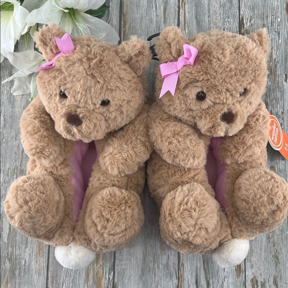 Little Girls Plush Teddy Bear Slippers Shoes Size 2-3